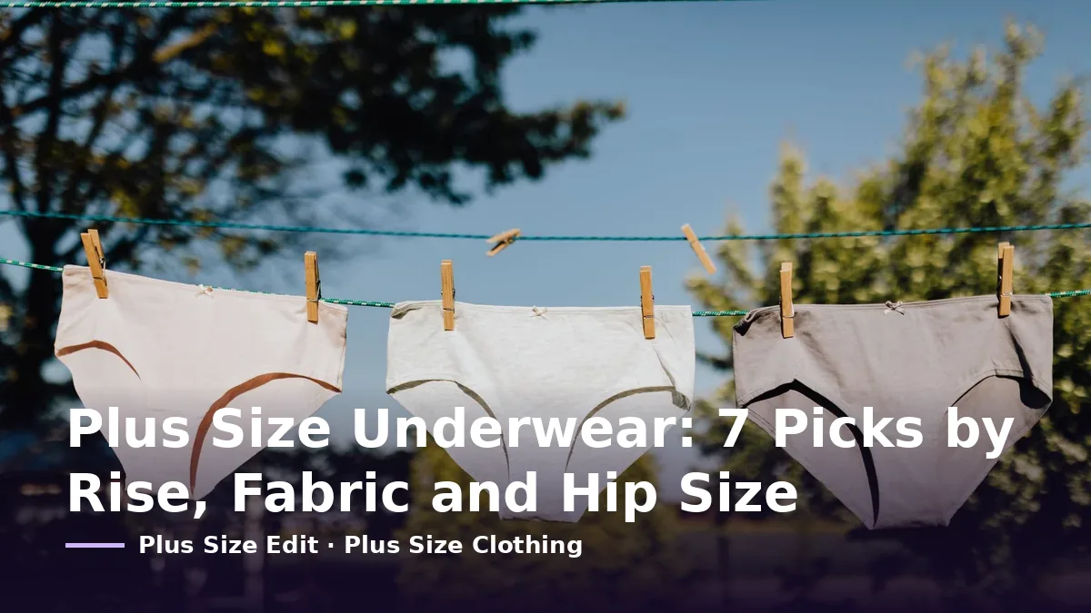 Cover card reading “Plus Size Underwear: 7 Picks by Rise, Fabric and Hip Size” over three pairs of briefs pegged on a washing line