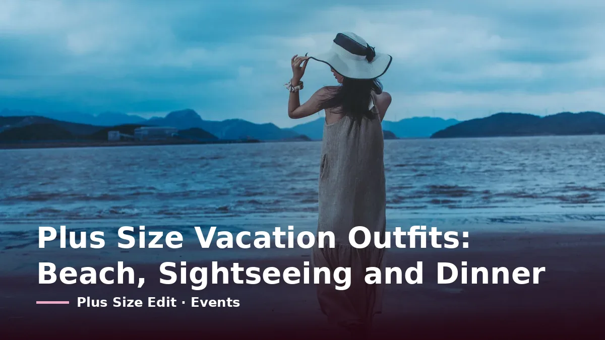 Cover card reading “Plus Size Vacation Outfits: Beach, Sightseeing and Dinner” over a woman in a sun hat and a long sleeveless dress standing on a beach under a cloudy sky
