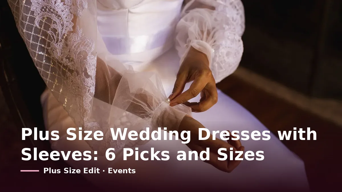 Cover card reading “Plus Size Wedding Dresses with Sleeves: 6 Picks and Sizes” over a bride fastening the cuff of a sheer lace sleeve on a white gown