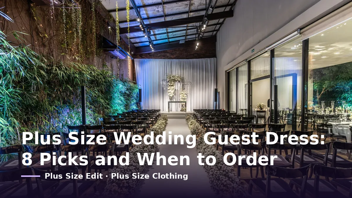 Cover card reading “Plus Size Wedding Guest Dress: 8 Picks and When to Order” over an indoor wedding venue with rows of chairs and a white-flower aisle