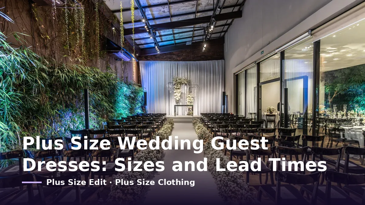 Cover card reading “Plus Size Wedding Guest Dresses: Sizes and Lead Times” over rows of chairs facing a floral display in an indoor ceremony space