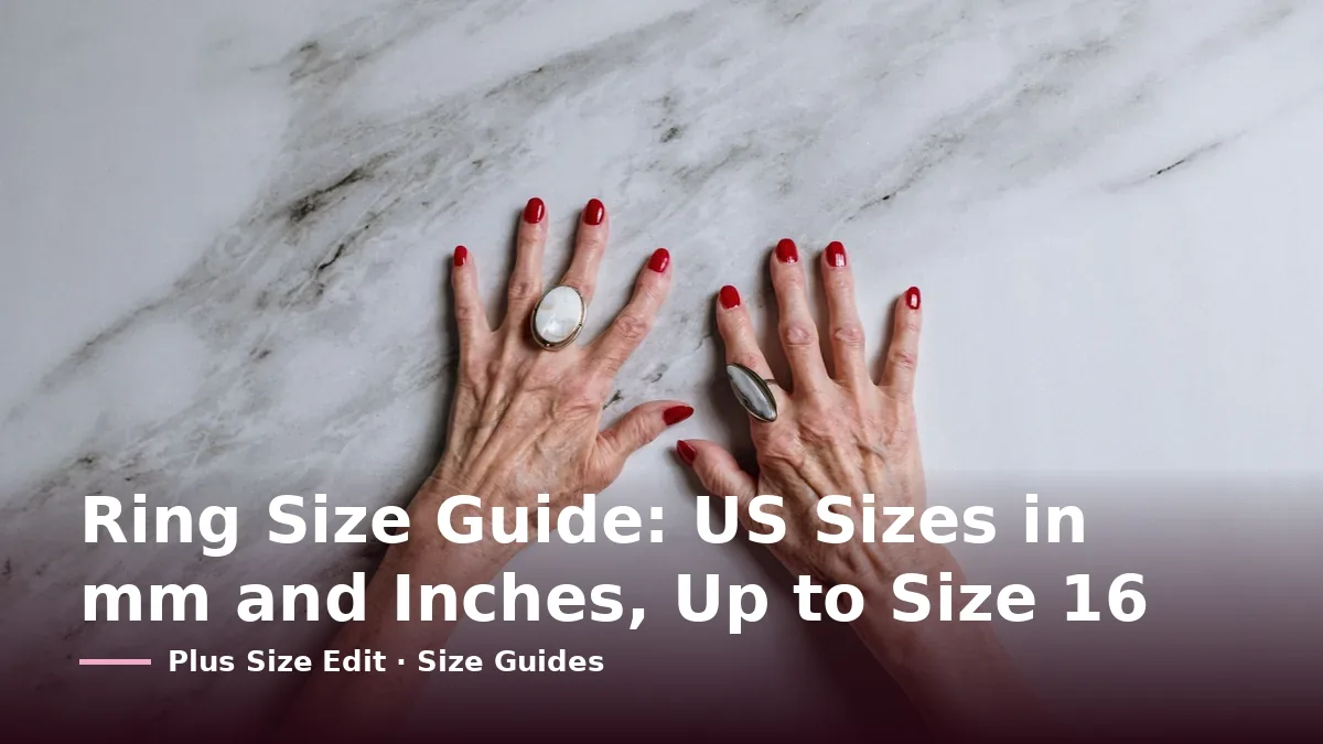 Cover card reading “Ring Size Guide: US Sizes in mm and Inches, Up to Size 16” over two hands wearing large stone rings, laid flat on white marble