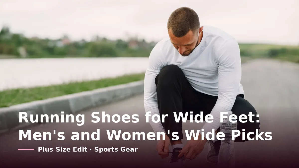 Cover card reading “Running Shoes for Wide Feet: Men's and Women's Wide Picks” over a man crouching on a road to tie a grey running shoe