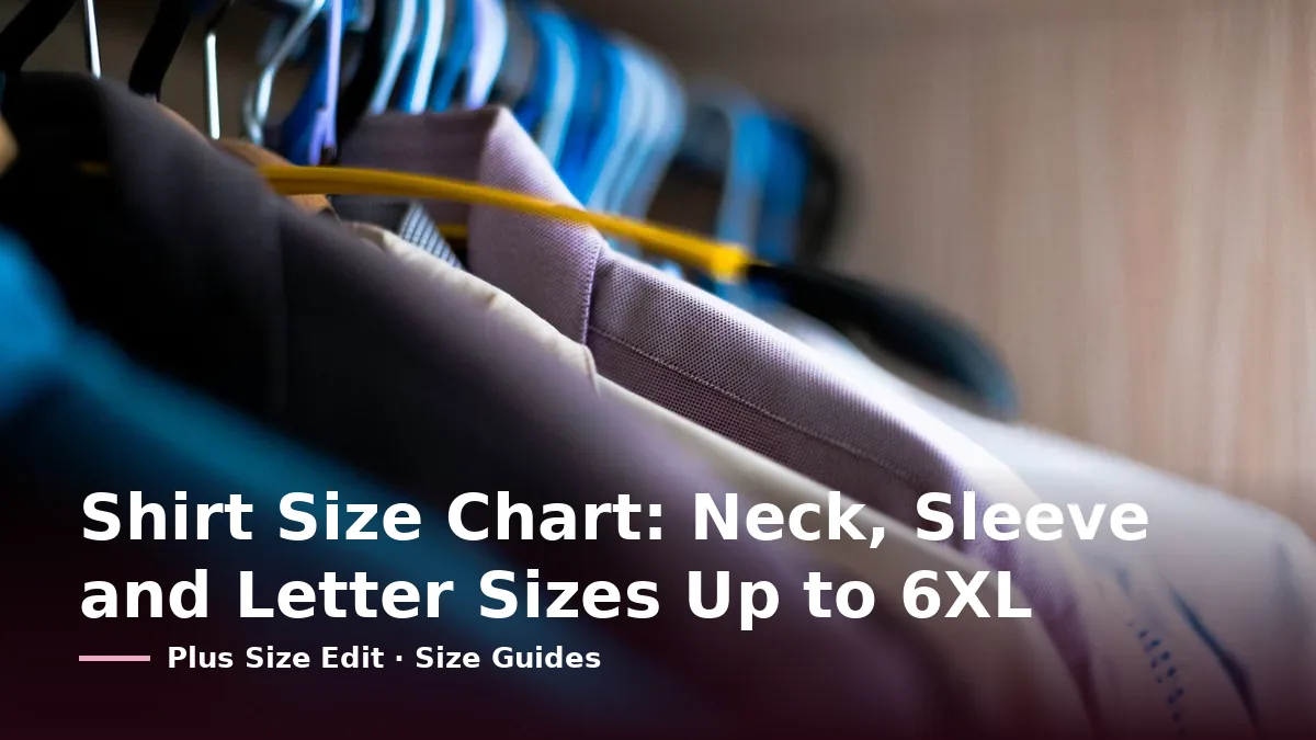 Cover card reading “Shirt Size Chart: Neck, Sleeve and Letter Sizes Up to 6XL” over a row of men's shirts in purple, cream and blue on hangers in a wardrobe