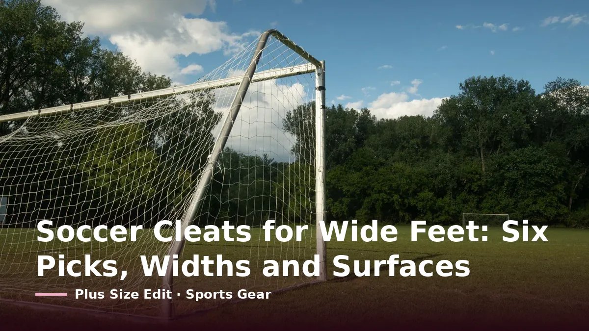 Cover card reading “Soccer Cleats for Wide Feet: Six Picks, Widths and Surfaces” over a white soccer goal with its net on a green grass field lined with trees