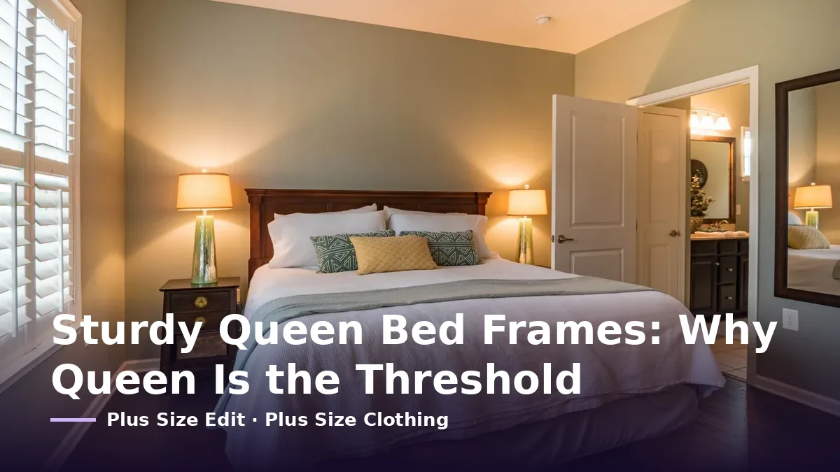 Cover card reading “Sturdy Queen Bed Frames: Why Queen Is the Threshold” over a made bed with a wooden headboard between two lit bedside lamps