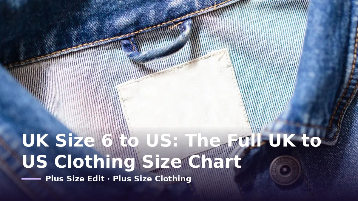 Cover card reading “UK Size 6 to US: The Full UK to US Clothing Size Chart” over the blank white size label inside a denim jacket collar
