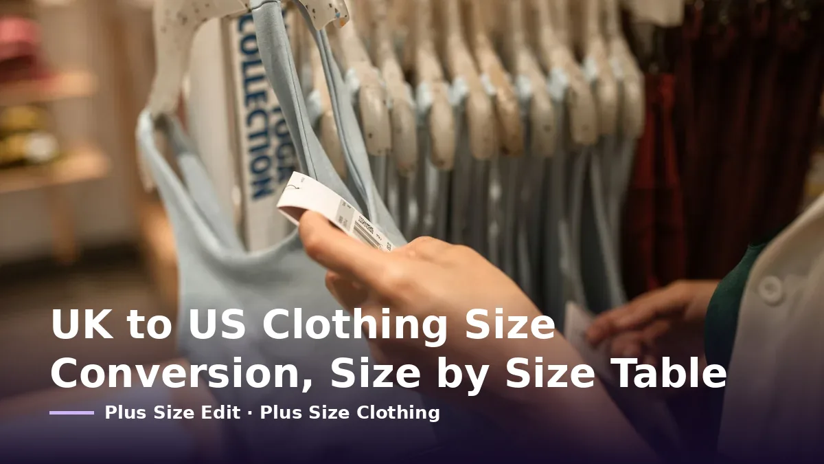 Cover card reading “UK to US Clothing Size Conversion, Size by Size Table” over a hand checking the size tag on a garment in a shop
