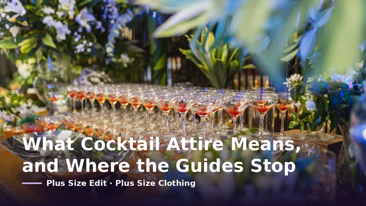 Cover card reading “What Cocktail Attire Means, and Where the Guides Stop” over rows of stemmed cocktail glasses with flowers behind them