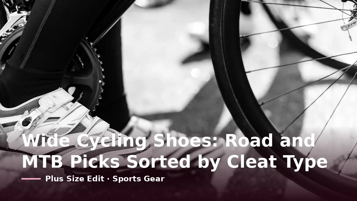 Cover card reading “Wide Cycling Shoes: Road and MTB Picks Sorted by Cleat Type” over a black and white close-up of a white cycling shoe on a pedal beside a bike wheel