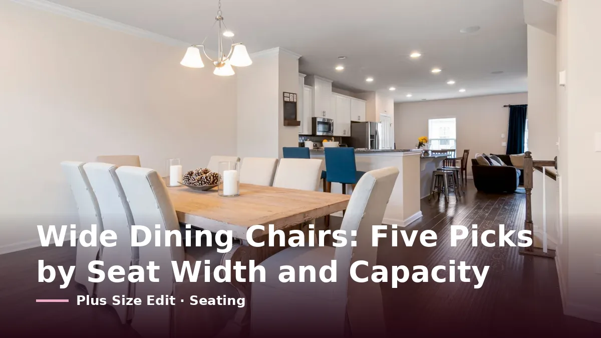 Cover card reading “Wide Dining Chairs: Five Picks by Seat Width and Capacity” over a long wooden dining table lined with pale upholstered chairs in an open-plan room