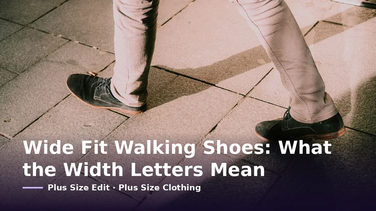 Cover card reading “Wide Fit Walking Shoes: What the Width Letters Mean” over two feet in black lace-up shoes mid-stride on stone paving