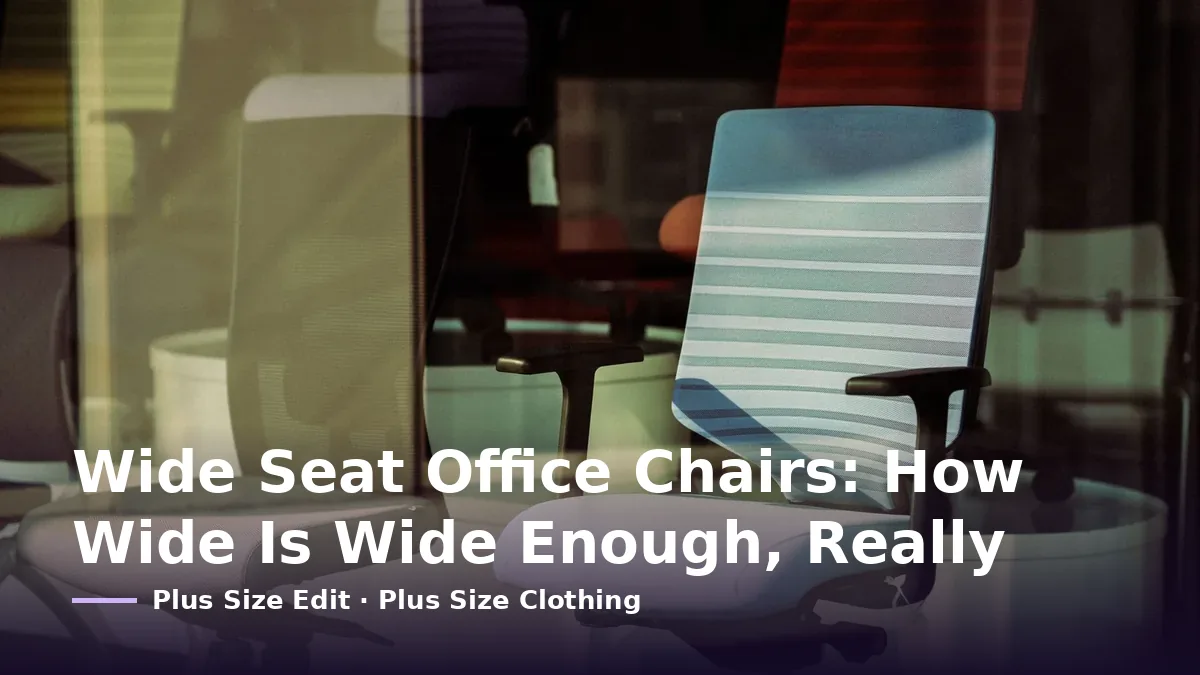 Cover card reading “Wide Seat Office Chairs: How Wide Is Wide Enough, Really” over an office chair seen through a glass partition