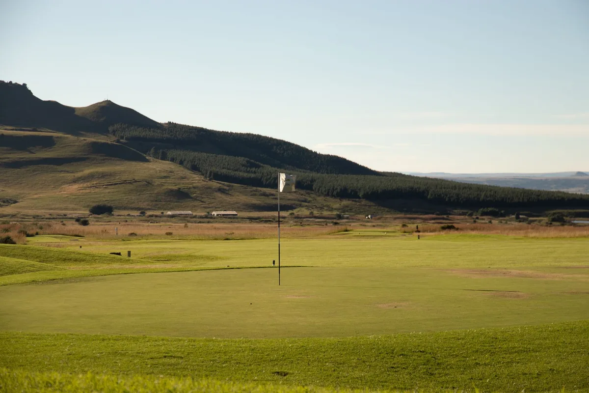 A putting green with a pale flag on a pin in front of a forested hillside under a clear sky