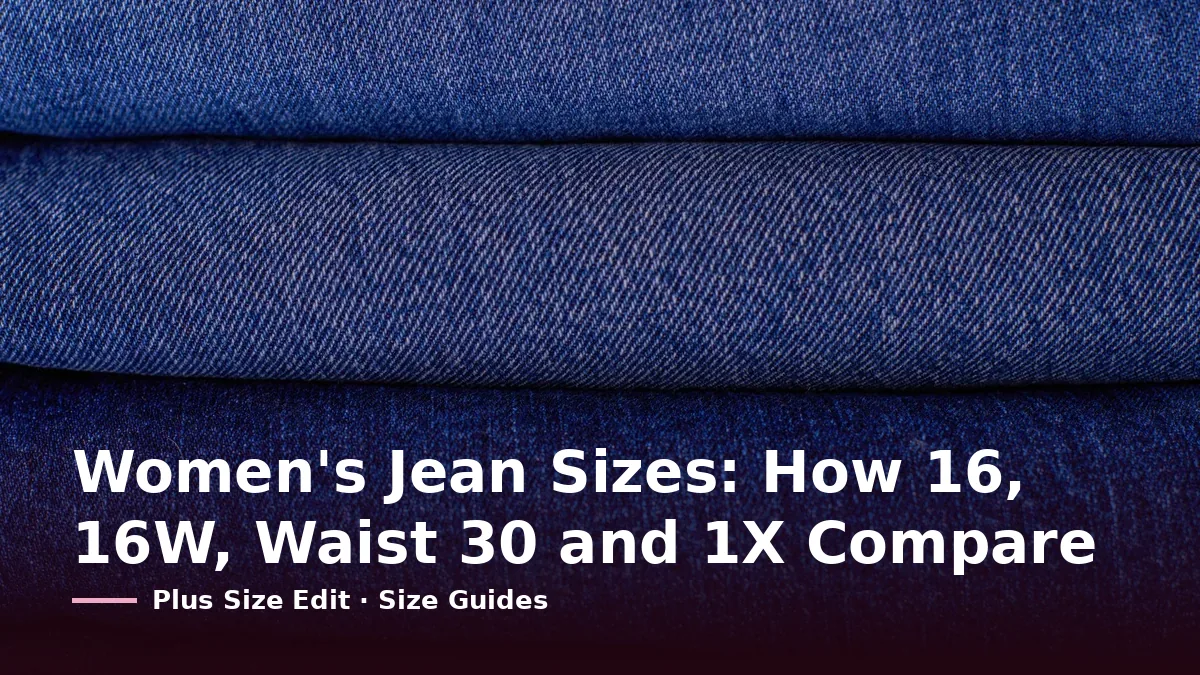 Cover card reading “Women's Jean Sizes: How 16, 16W, Waist 30 and 1X Compare” over folded denim in several shades of blue